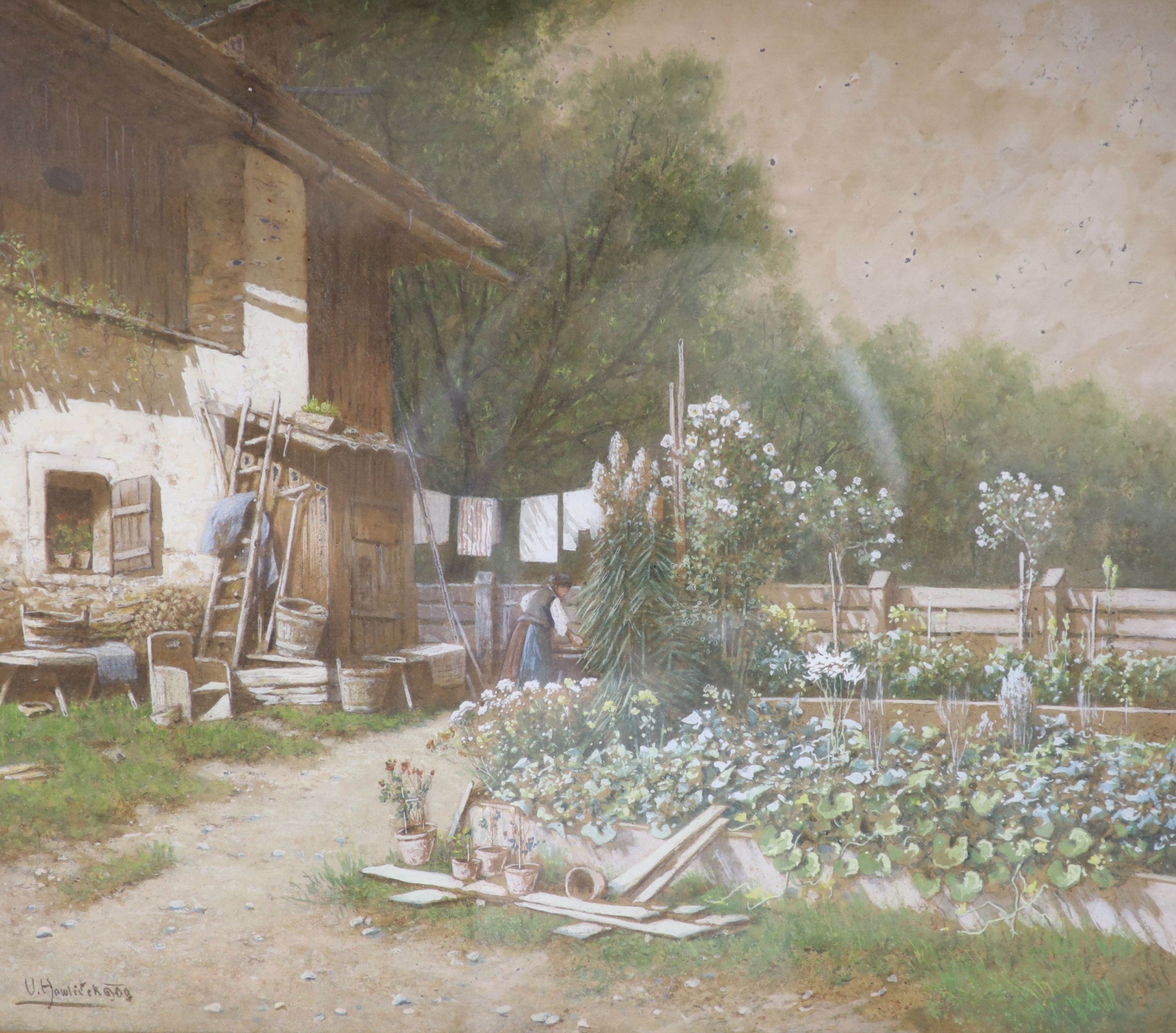 Vincenz Hawlicek (Austrian 1864-1914), gouache, Woman in a garden, 52 x 60cm